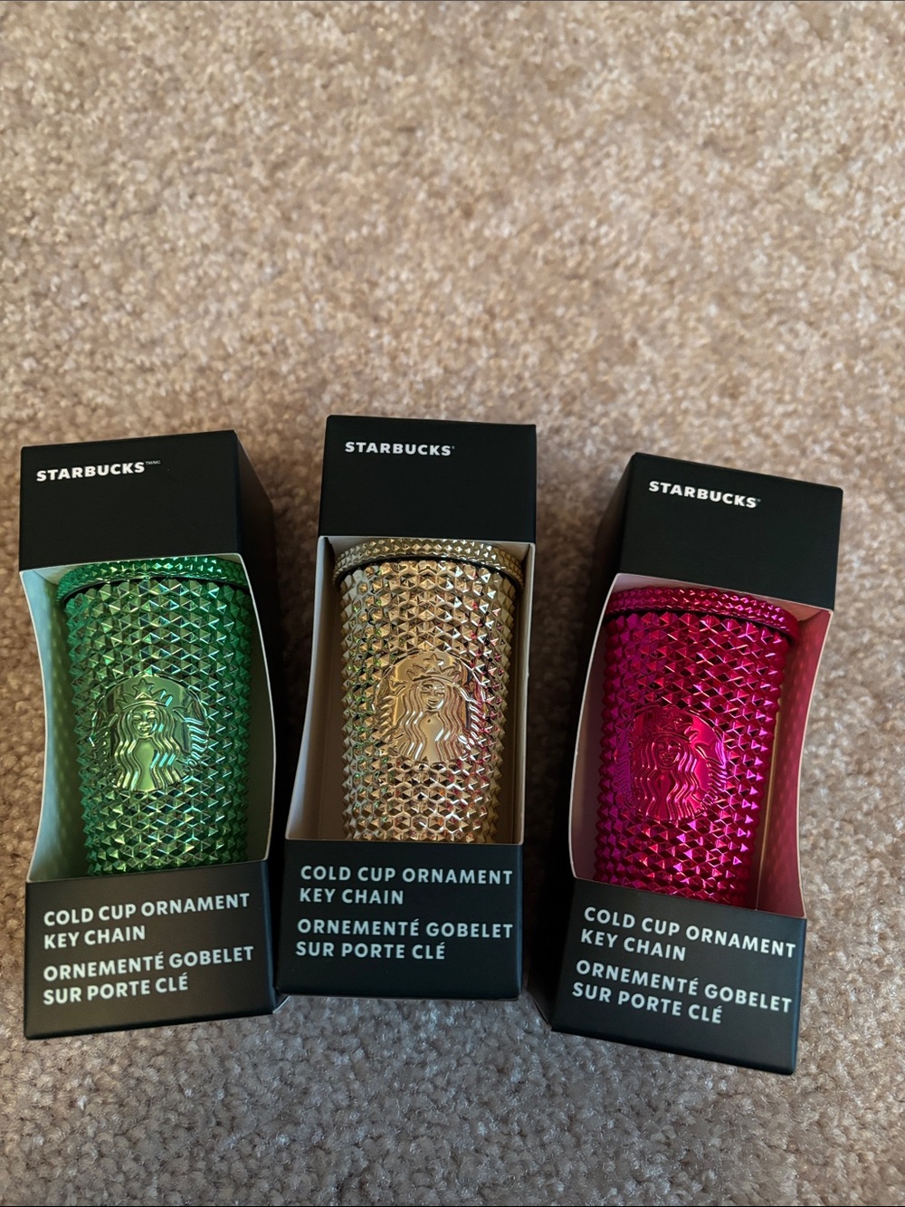 Starbucks Cold Cup Ornament Key Chain Trio - Green, Gold, Pink